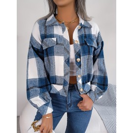 Women's Elegant Structured Jacket - Plaid Checkered Coat (Red/White/Tan) with Classic Collar & Chest Pocket Button Closure, Machine Washable Long Sleeve Blazer for Office, Casual or Formal Wear - Spring/Autumn Outerwear