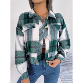 Women's Elegant Structured Jacket - Plaid Checkered Coat (Red/White/Tan) with Classic Collar & Chest Pocket Button Closure, Machine Washable Long Sleeve Blazer for Office, Casual or Formal Wear - Spring/Autumn Outerwear