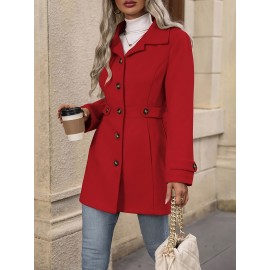 Women'S Elegant Slim-Fit Mid-Length Coat - Lapel Collar Button Front Closure, Vibrant Red Winter Warm Coat with Belt, Structured Tailored Design for Casual & Formal Outfits, Versatile Outerwear for Fall and Winter Seasons, Elegant Coat for Women