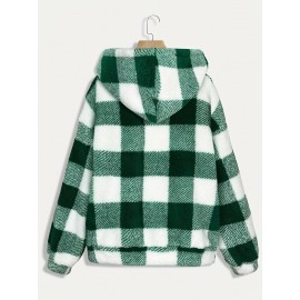 Women'S Plaid Fleece Coat - Mustard-Yellow & Checkered Winter Warmth, Soft Plush Jacket with Full-Zip Front Closure, Cozy Casual Outerwear for Fall & Winter, Winter Clothing, Fall Fashion, Stylish Outerwear, Fashion Lovers