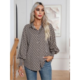 Women'S Elegant Geometric Print Lantern Sleeve Shirt | Long Sleeve, Single Breasted, Lapel Collar, Spring/Fall New Arrival.