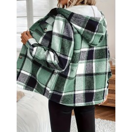 Women's Retro Plaid -Lined Hooded Jacket - Soft Brushed Polyester Button-Front Coat, Cozy Winter Outerwear for Fall & Winter, Casual Elegant Blazer (Single-Breasted Button Closure)