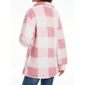 Cozy Plaid Fuzzy Jacket - Soft Thermal Insulation, Button Front, Flap Pockets, Long Sleeve, Casual Chic - Perfect for Fall & Winter, Women's Clothing, Thermal Jacket for Cold Weather