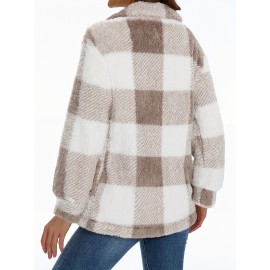 Cozy Plaid Fuzzy Jacket - Soft Thermal Insulation, Button Front, Flap Pockets, Long Sleeve, Casual Chic - Perfect for Fall & Winter, Women's Clothing, Thermal Jacket for Cold Weather