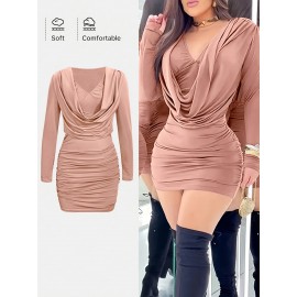 Spring, Summer And Autumn Women's Sexy Dress, V-neck, Solid Color, Tight, Hip-hugging, Ruffled Design, Short Style, Sexy Hip-hugging One-piece Mini Dress