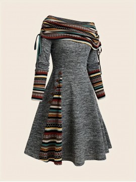 Contrast Striped Drawstring Smocked Dress, Chic Long Sleeve Dress For Spring & Fall, Women's Clothing