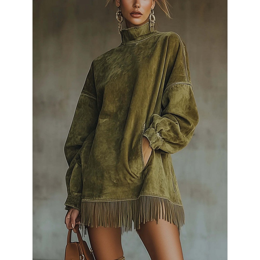 Bohemian Winter Dress with Suede Fringe Hem & Pockets - High Neck Long Sleeve Elegant Loose Fit Dress, 3D Tailored Silhouette for Weddings, Parties, Daily Wear - Machine Washable Autumn Dress