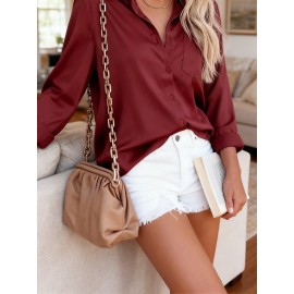 Women's Elegant Satin Business Shirt - Long Sleeve Solid Color Professional Office Blouse, Shiny Smooth Texture Dress Shirt for, Meetings & Year-Round Wear (Hand Wash/Dry Clean)