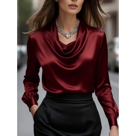 [Solid Color Versatile] Elegant Women's Long Sleeve Blouse - Soft Wrinkle-Resistant, Button-Front, Round Neck & Collar, All-Season Office Shirt