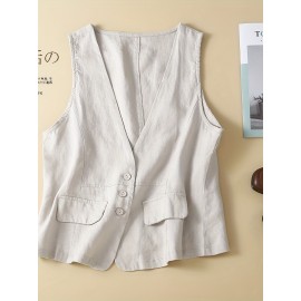 Women's Breathable Linen Sleeveless V-Neck Tank Top - Solid Color Button-Front Summer Blouse, Casual Sleeveless Vest for Beachwear, Dresses & Layering, Machine Washable Year-Round Tops