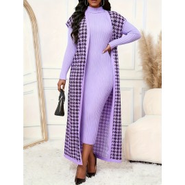 Women's Elegant Houndstooth Print Cardigan Vest - Oversized Collar Long Sleeveless Jacket, Black/White/Yellow/Beige, Fall Winter Warm Coat, Machine Washable Blazer for Casual & Formal Wear