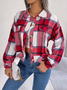 Women's Elegant Structured Jacket - Plaid Checkered Coat (Red/White/Tan) with Classic Collar & Chest Pocket Button Closure, Machine Washable Long Sleeve Blazer for Office, Casual or Formal Wear - Spring/Autumn Outerwear