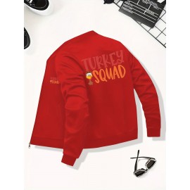 Women's Turkey Squad Graphic Zip-Up Jacket - Black Casual Slim Fit Stand Collar Coat with Pockets, Machine Washable Fall Winter Outerwear