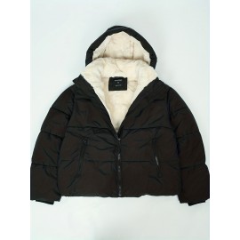 Women's Winter Fleece-Lined Hooded Jacket -Elegant Special & Relaxed Fit Coat with Zipper Front, Long Sleeve Casual Outerwear for Cold Weather, Seasonal Fashion, Warm Fabric, Cozy Material, Casual Attire