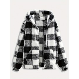 Women'S Plaid Fleece Coat - Mustard-Yellow & Checkered Winter Warmth, Soft Plush Jacket with Full-Zip Front Closure, Cozy Casual Outerwear for Fall & Winter, Winter Clothing, Fall Fashion, Stylish Outerwear, Fashion Lovers